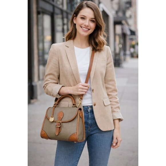 Dooney & Bourke Vintage Pebbled Leather Suede Satchel Crossbody Tan Brown USA - Picture 2 of 16